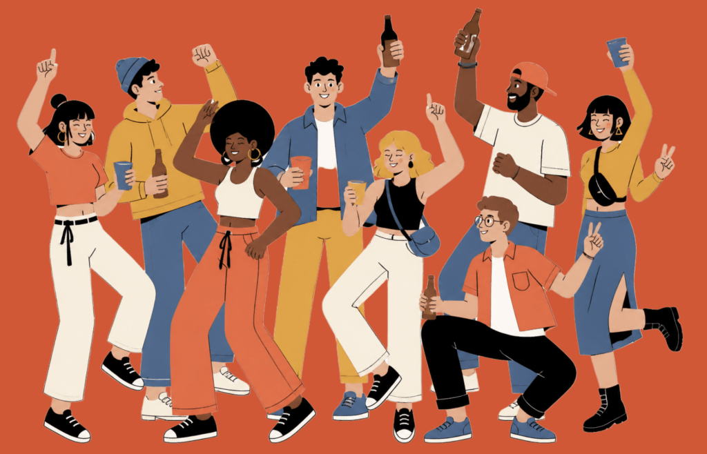 Illustration of a diverse group of young people celebrating together, dancing and holding drinks at a lively party.