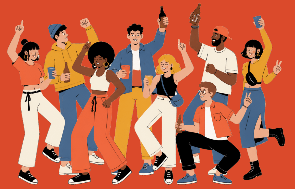 Illustration of a diverse group of young people celebrating together, dancing and holding drinks at a lively party.